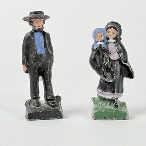 Amish Family Figurines Couple Hand-Painted Vintage Set Mini Cast Iron Figures
